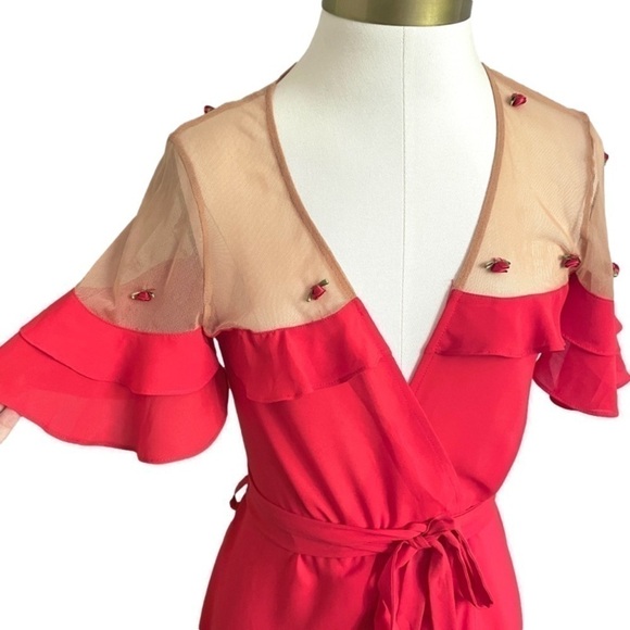 For Love & Lemons Red Mesh Shoulders Rosettes Wrap Mini Dress - XS/S, HTF style - Picture 5 of 14
